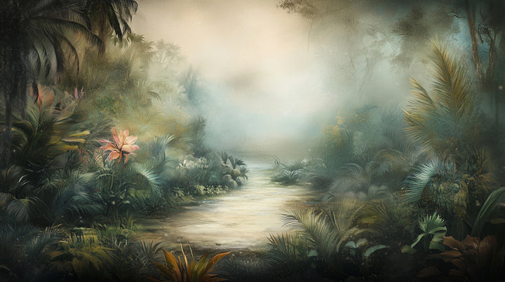Prezentacja całego wzoru fototapety o nazwie MYSTICAL DAWN - tapeta z tropikalną mglistą scenerią