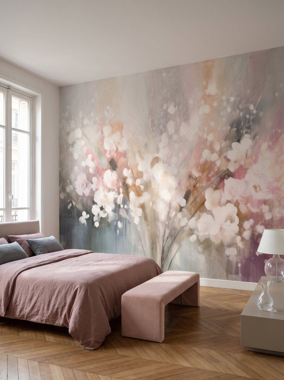 Fototapeta artystyczna o nazwie Blossom Softness w aranżacji wnętrza: sypialnia w eleganckim paryskim apartamencie.