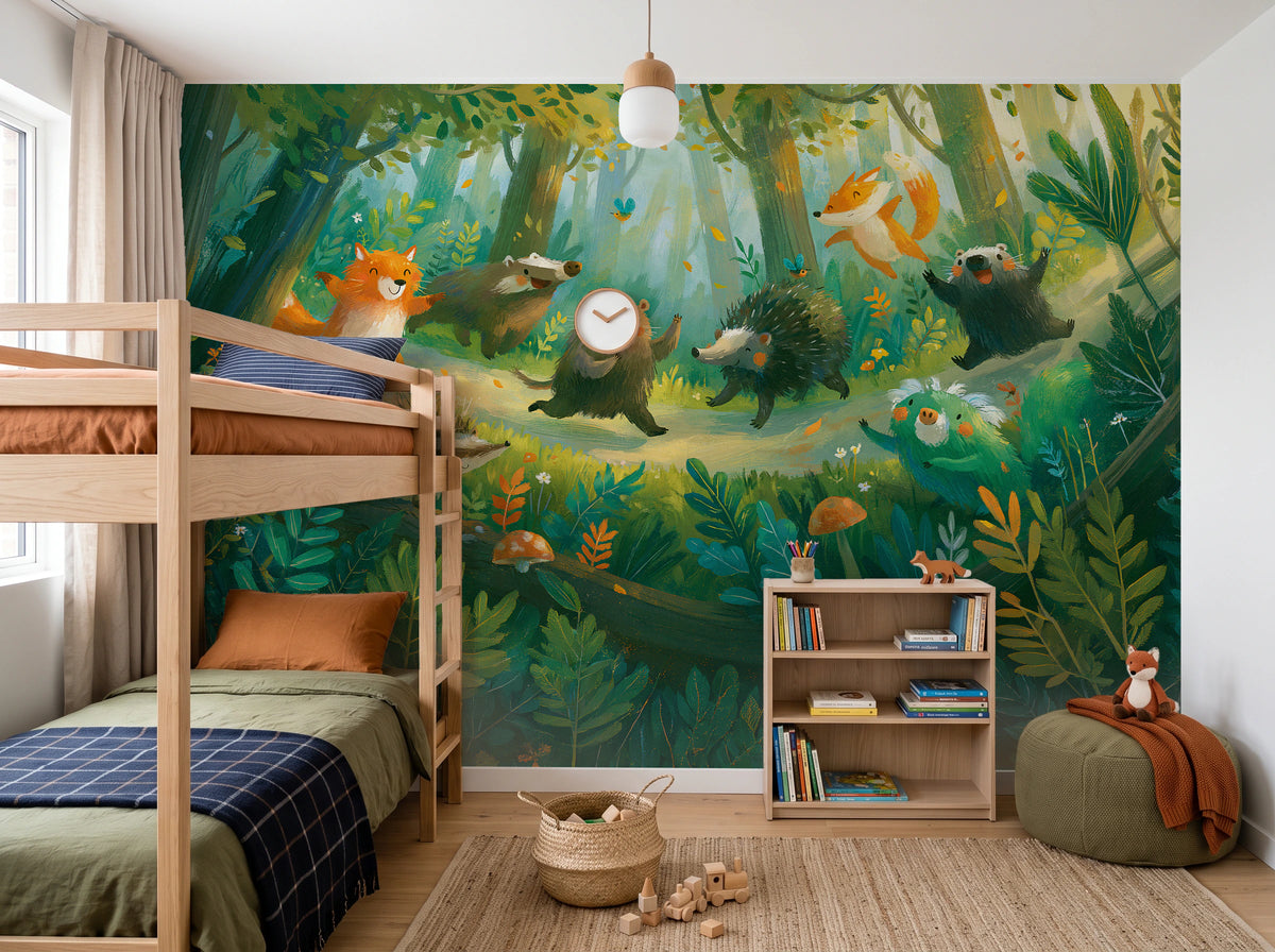 DANCING HOLLOW - tapeta z leśnymi zwierzętami dla dzieci — CHILDREN'S ROOM WITH BUNK BED