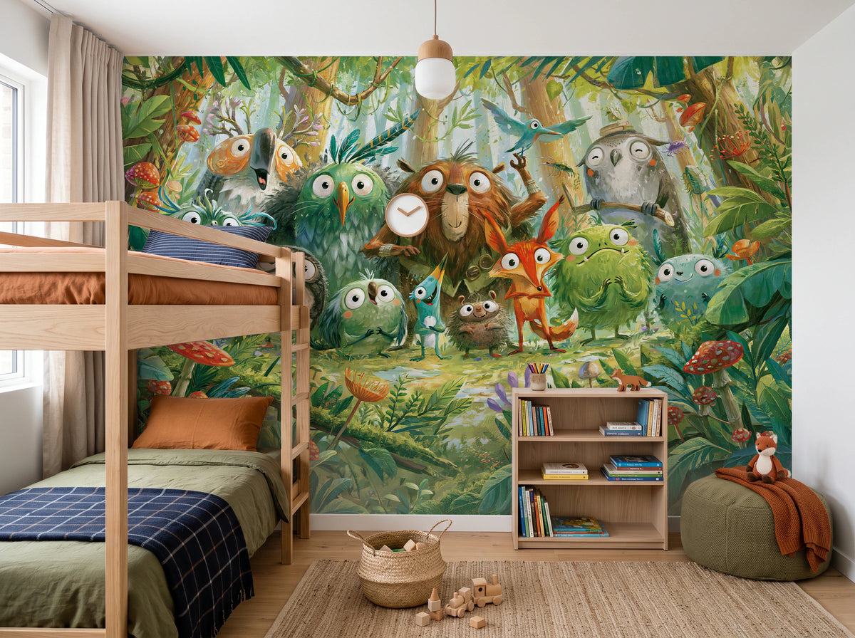 MOSSY CLEARING - tapeta z leśną gromadką zwierząt — CHILDREN'S ROOM WITH BUNK BED