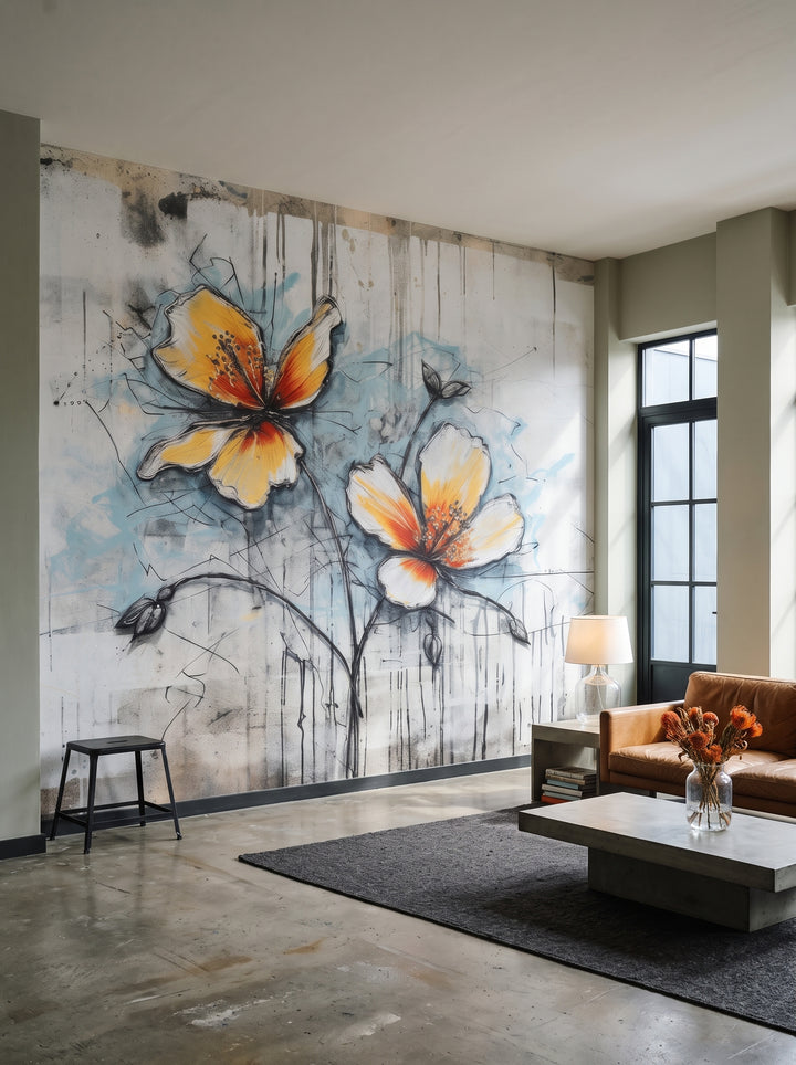Fototapeta artystyczna o nazwie URBAN SPLASH FLORA w aranżacji wnętrza: kreatywny loft w przerobionej drukarni.