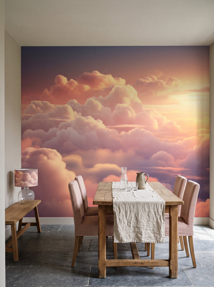 Fototapeta artystyczna o nazwie Azure Dream w aranżacji wnętrza: kuchnia z jadalnią w belgijskim domu na wsi.