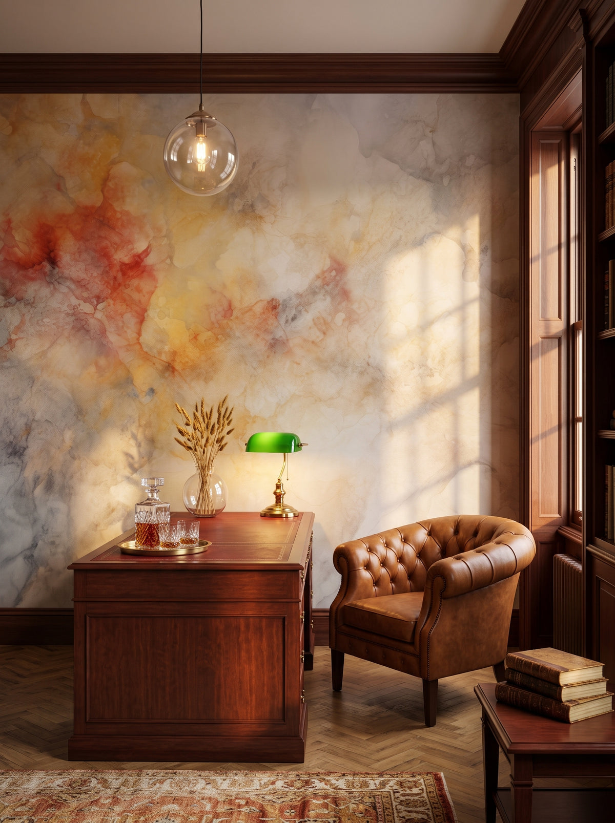 Fototapeta artystyczna o nazwie AMBER DREAMSCAPE w aranżacji wnętrza: prywatna biblioteka w stylu angielskiego klubu.