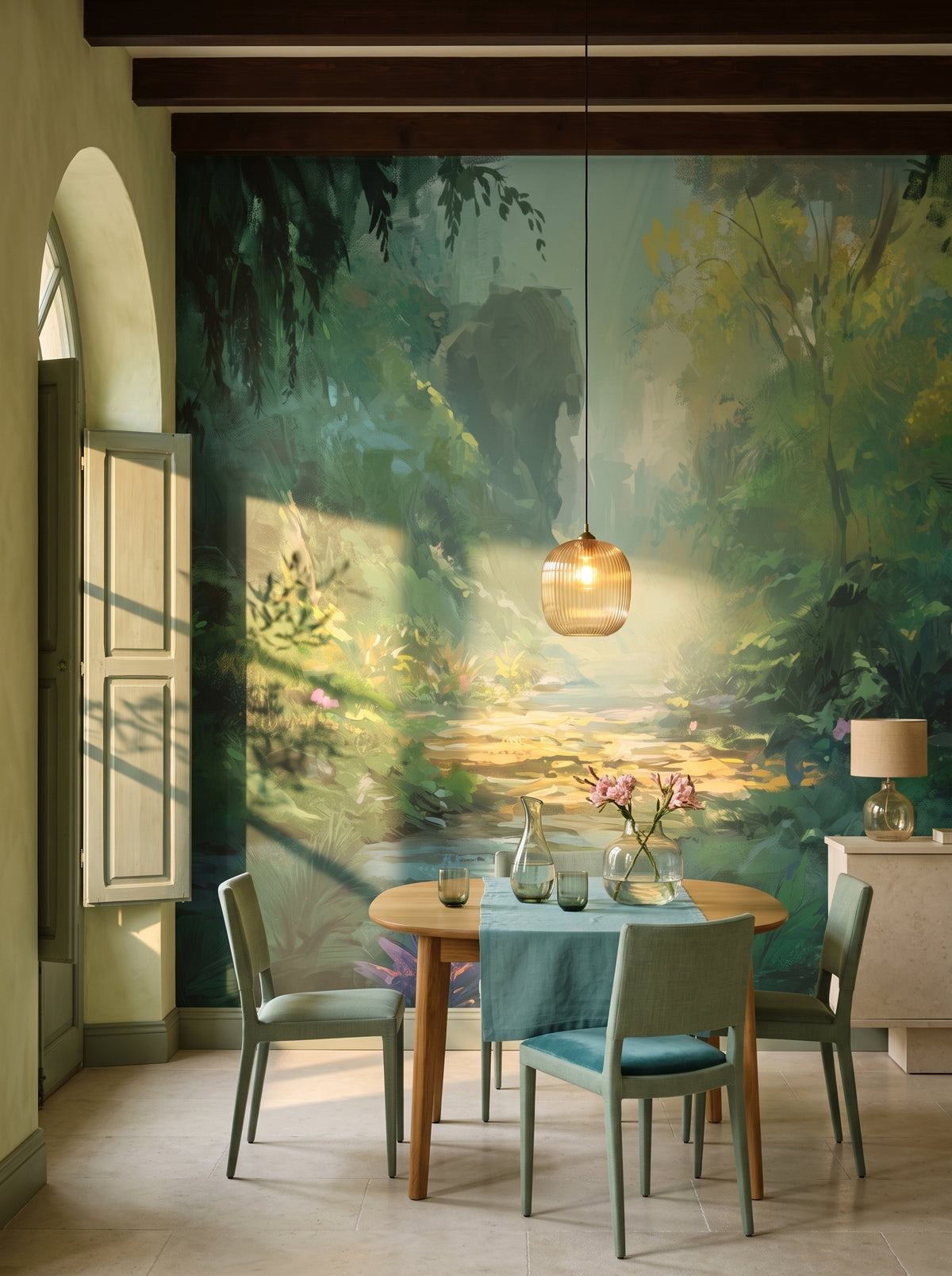 Fotomural artístico «ENCHANTED STREAM» en un interior: comedor en una villa mediterránea.