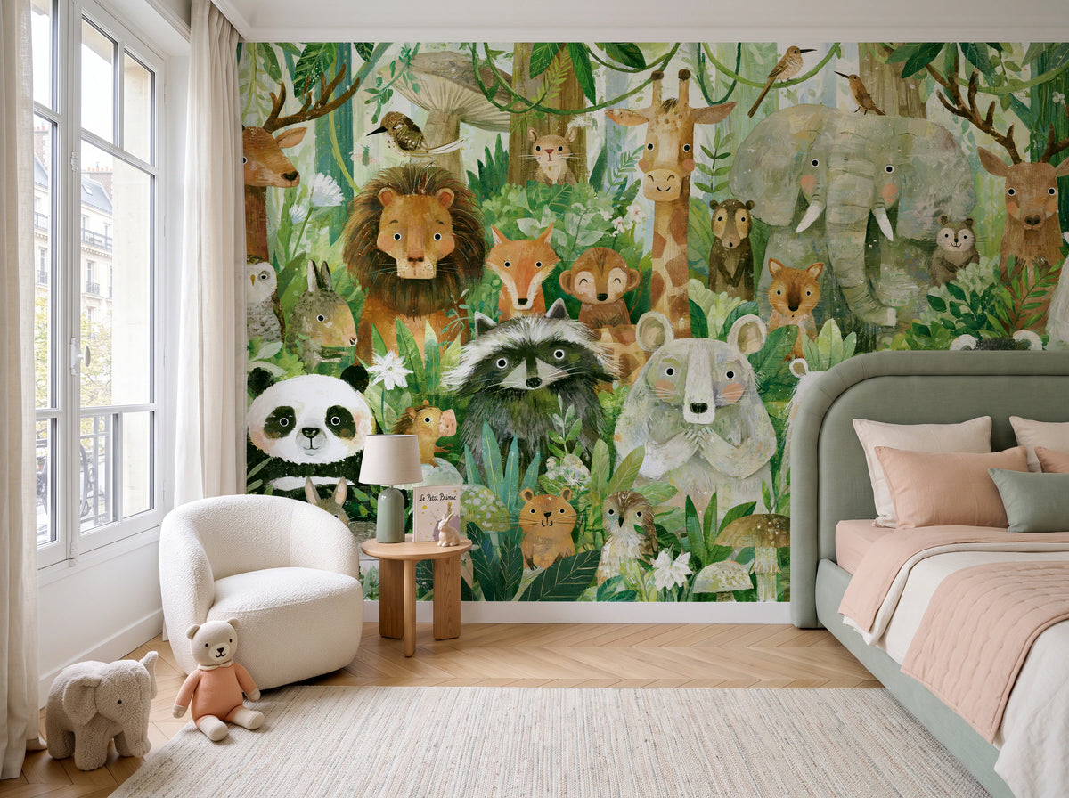 GREEN PARADE - tapeta ze zwierzętami wśród paproci — children's room with window
