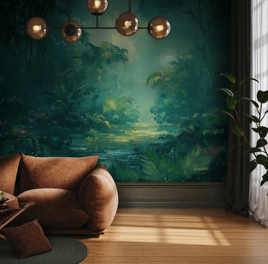 Fototapeta MYSTIC LAGOON - tapeta z mistyczną dżunglą w turkusowej poświacie pokazana w aranżacji wnętrza z akcentem na ścianie.