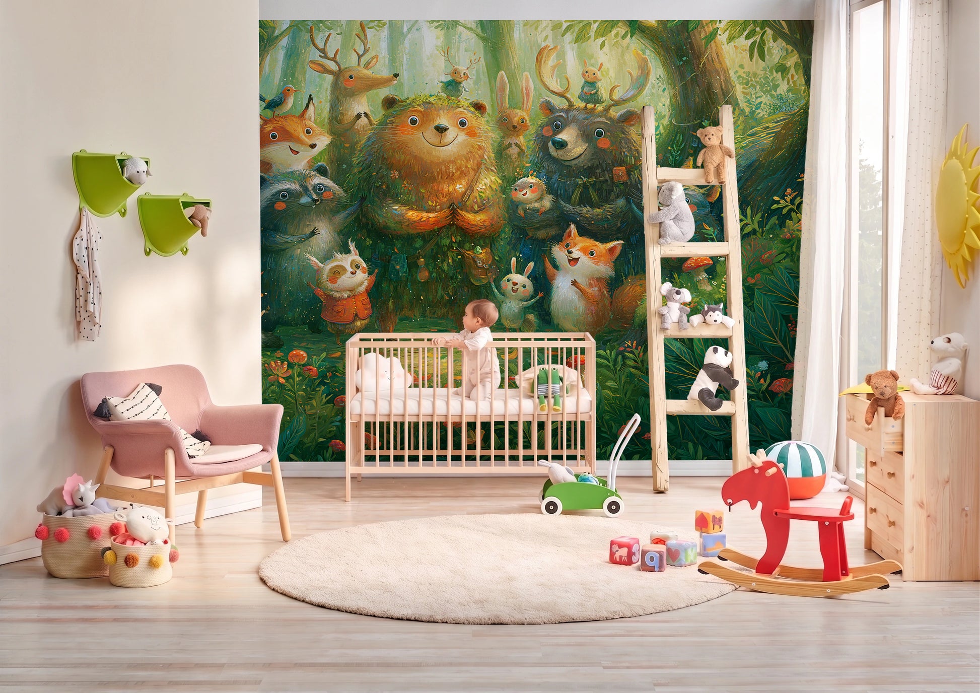 BRAMBLE CHOIR - tapeta z leśnymi zwierzętami dla dzieci — BABY'S ROOM WITH A COT AND A BABY