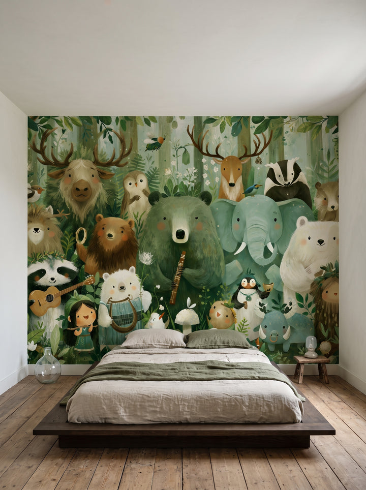 Fototapeta artystyczna o nazwie LULLABY GROVE w aranżacji wnętrza: spokojna sypialnia dziecięca w stylu wabi-sabi.