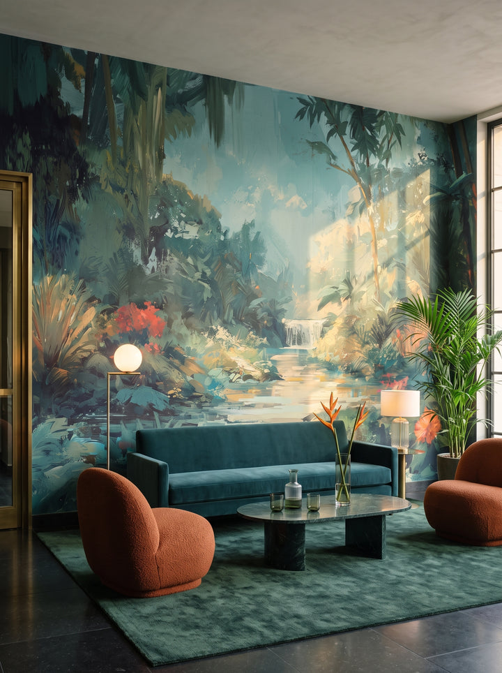 Fototapeta artystyczna o nazwie TRANQUIL OASIS w aranżacji wnętrza: lounge w lobby butikowego hotelu designerskiego.