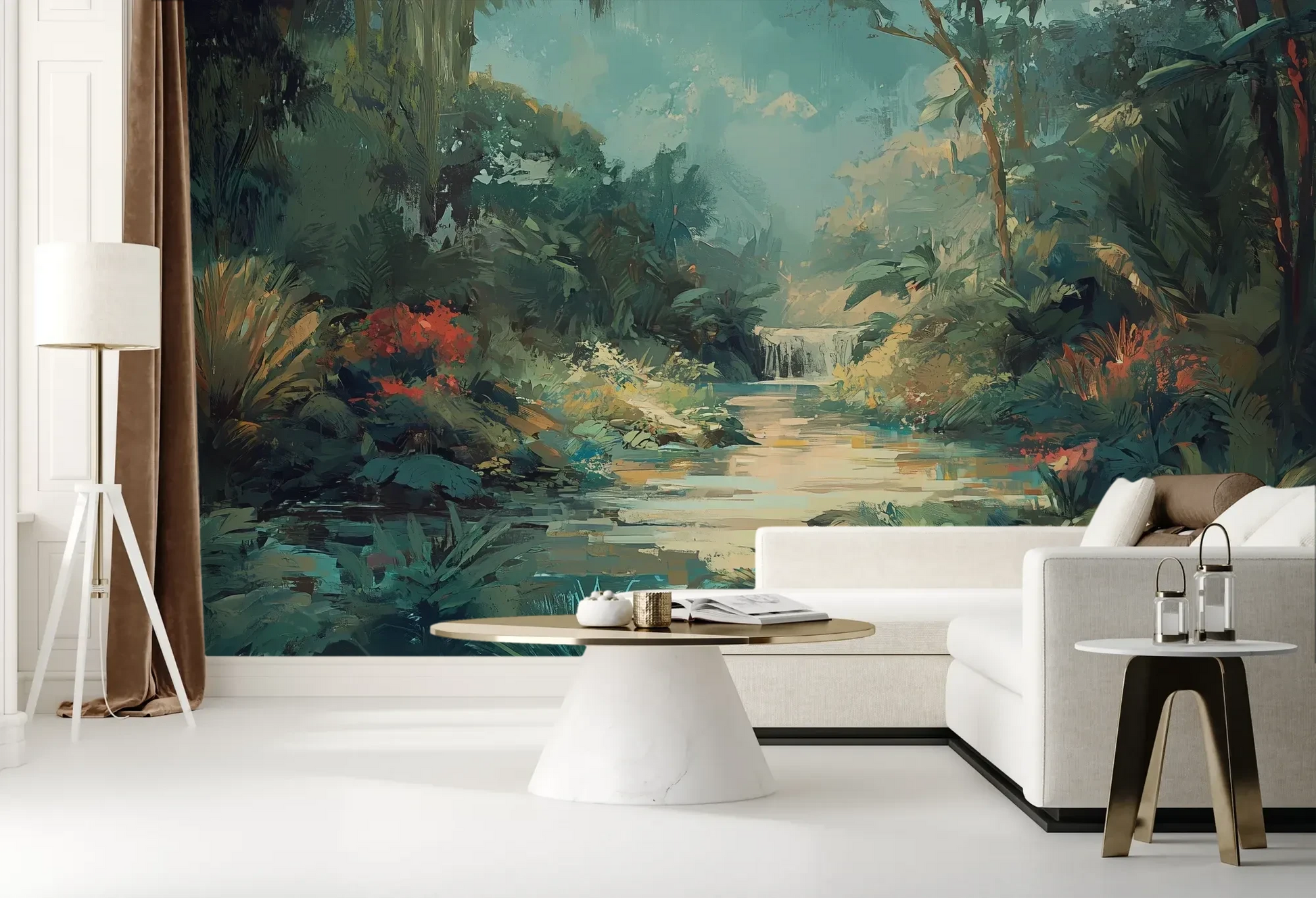 Wzór fototapety TRANQUIL OASIS - tapeta z magicznym tropikalnym wodospadem pokazanej w aranżacji salonu.