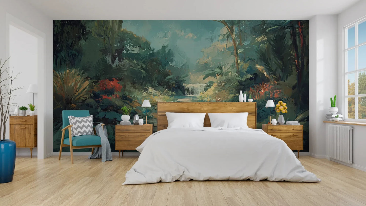 Wzór fototapety TRANQUIL OASIS - tapeta z magicznym tropikalnym wodospadem pokazanej w aranżacji sypialni.