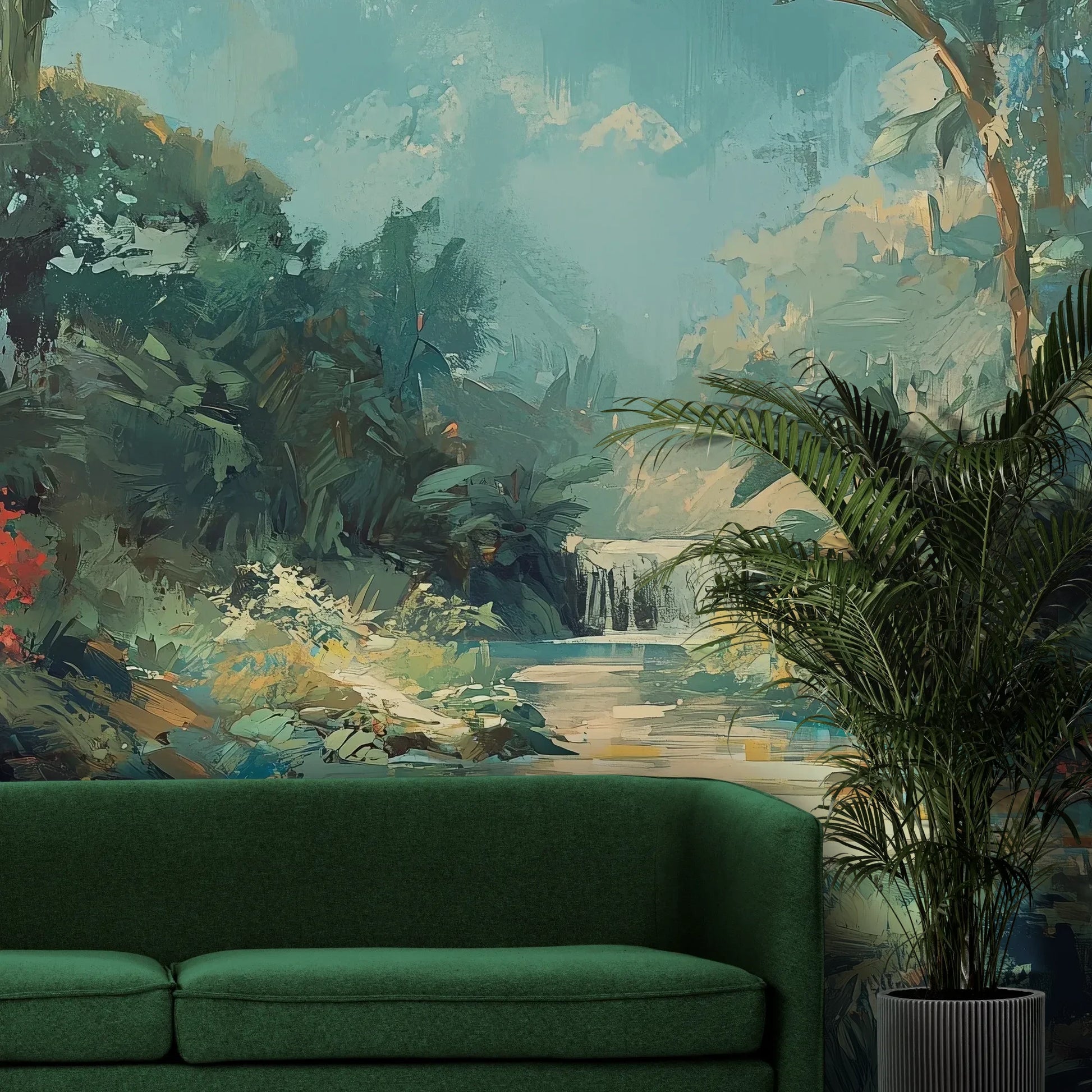 Fototapeta TRANQUIL OASIS - tapeta z magicznym tropikalnym wodospadem pokazana w aranżacji wnętrza z akcentem na ścianie.