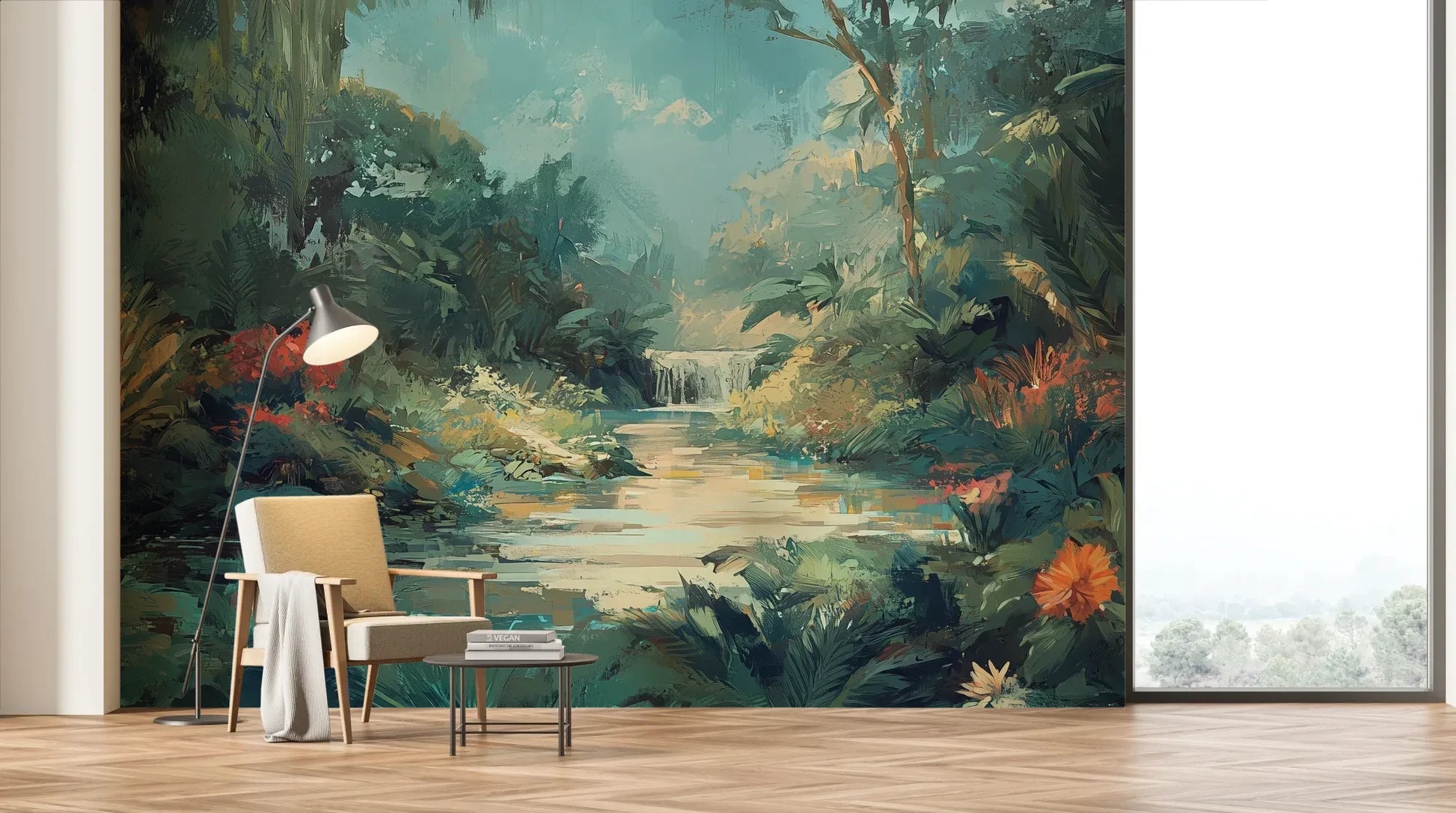 Wzór fototapety TRANQUIL OASIS - tapeta z magicznym tropikalnym wodospadem pokazanej w aranżacji salonu.