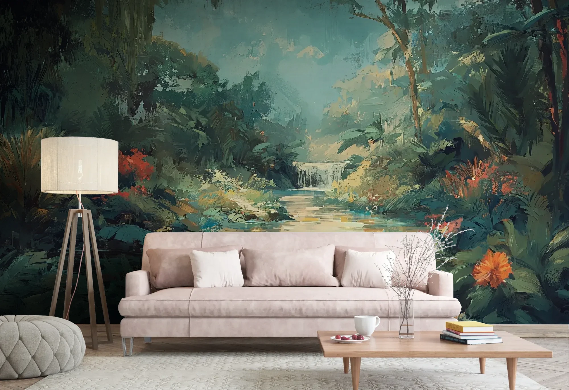 Wzór fototapety TRANQUIL OASIS - tapeta z magicznym tropikalnym wodospadem pokazanej w aranżacji salonu.