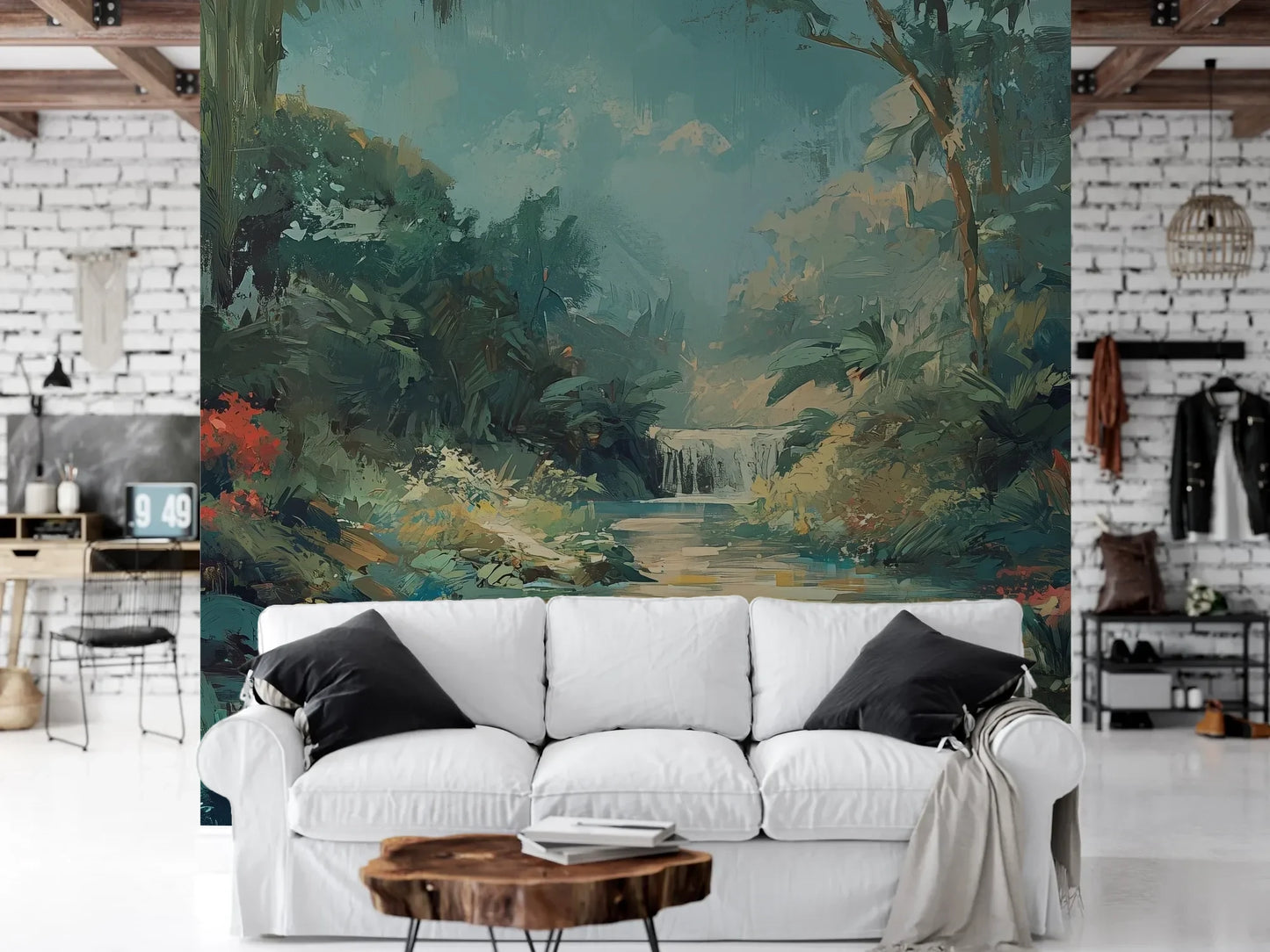 Wzór fototapety TRANQUIL OASIS - tapeta z magicznym tropikalnym wodospadem pokazanej w aranżacji salonu.