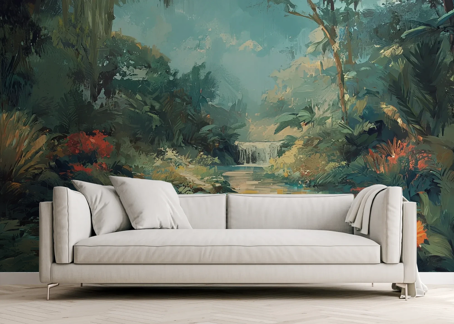 Wzór fototapety TRANQUIL OASIS - tapeta z magicznym tropikalnym wodospadem pokazanej w aranżacji salonu.