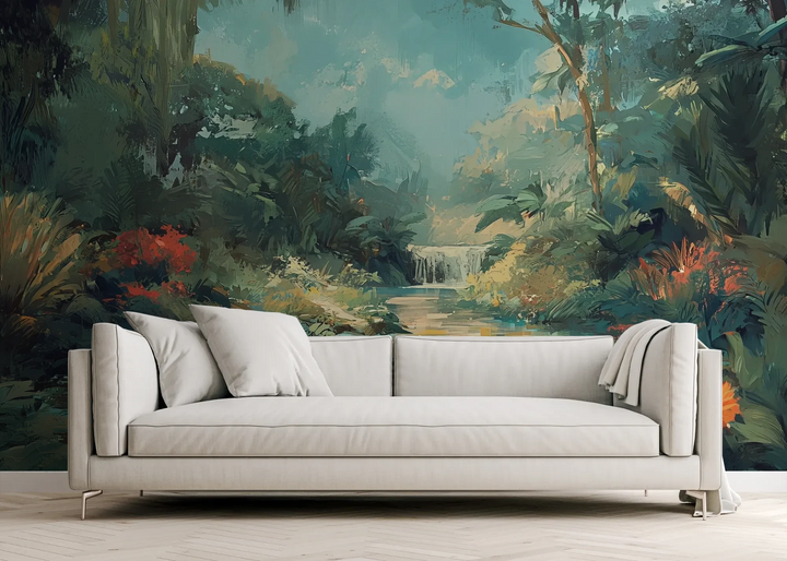 Wzór fototapety TRANQUIL OASIS - tapeta z magicznym tropikalnym wodospadem pokazanej w aranżacji salonu.