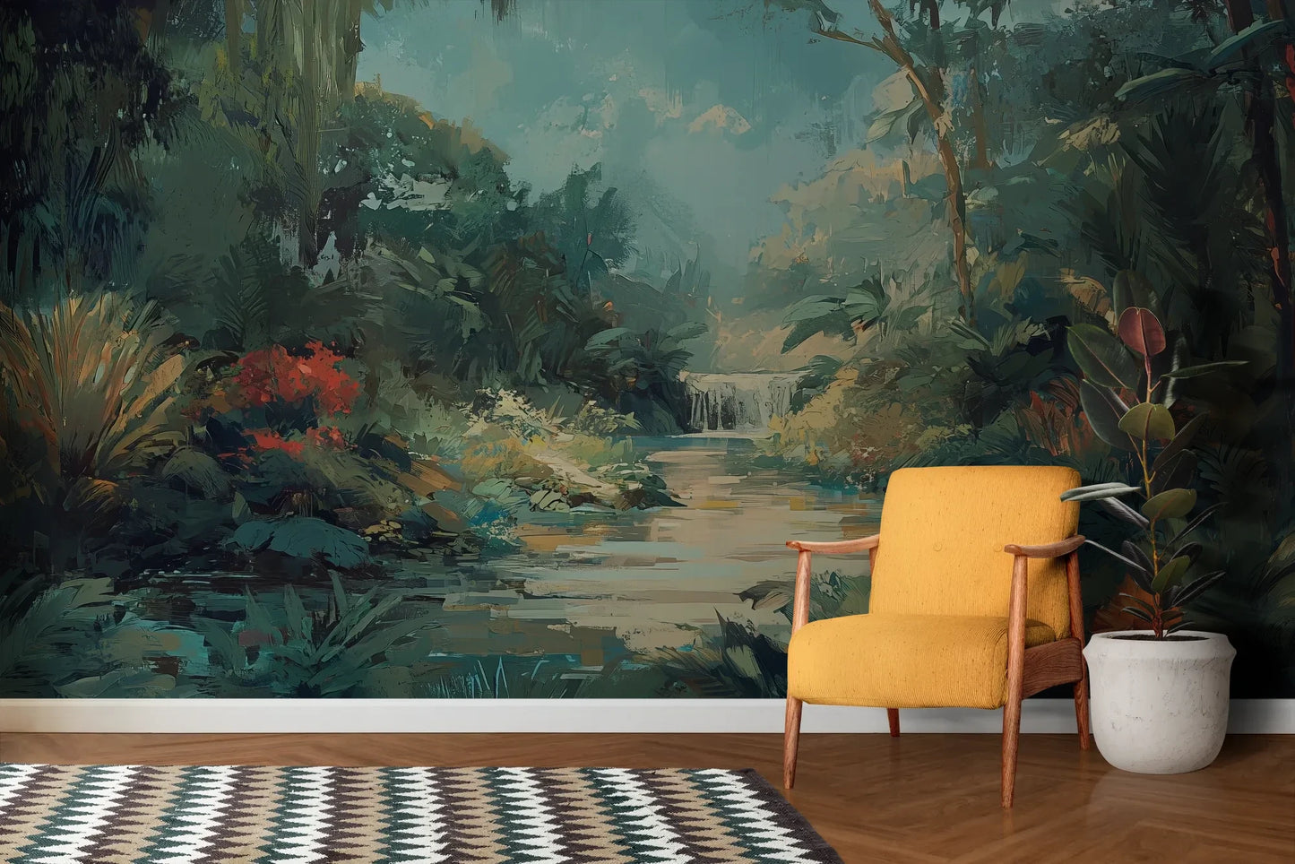 Wzór fototapety TRANQUIL OASIS - tapeta z magicznym tropikalnym wodospadem pokazanej w aranżacji salonu.