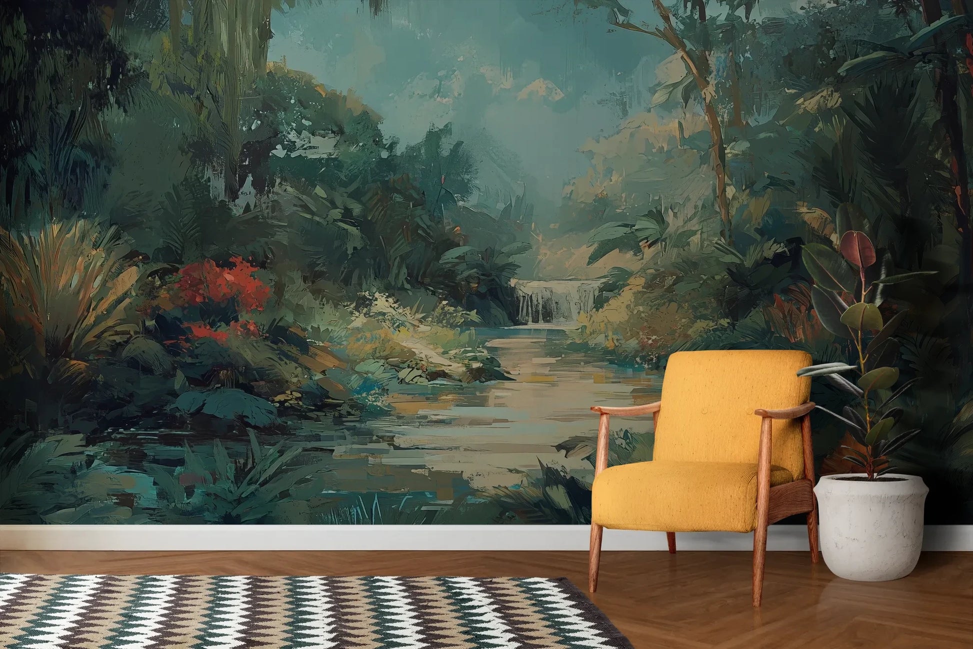 Wzór fototapety TRANQUIL OASIS - tapeta z magicznym tropikalnym wodospadem pokazanej w aranżacji salonu.