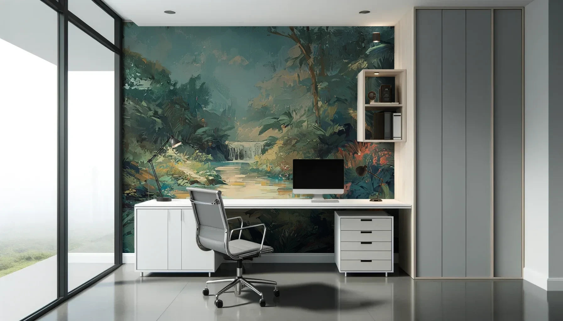 Fototapeta TRANQUIL OASIS - tapeta z magicznym tropikalnym wodospadem pokazana w aranżacji biura.