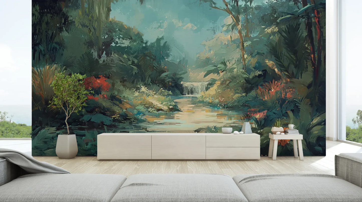 Wzór fototapety TRANQUIL OASIS - tapeta z magicznym tropikalnym wodospadem pokazanej w aranżacji salonu.