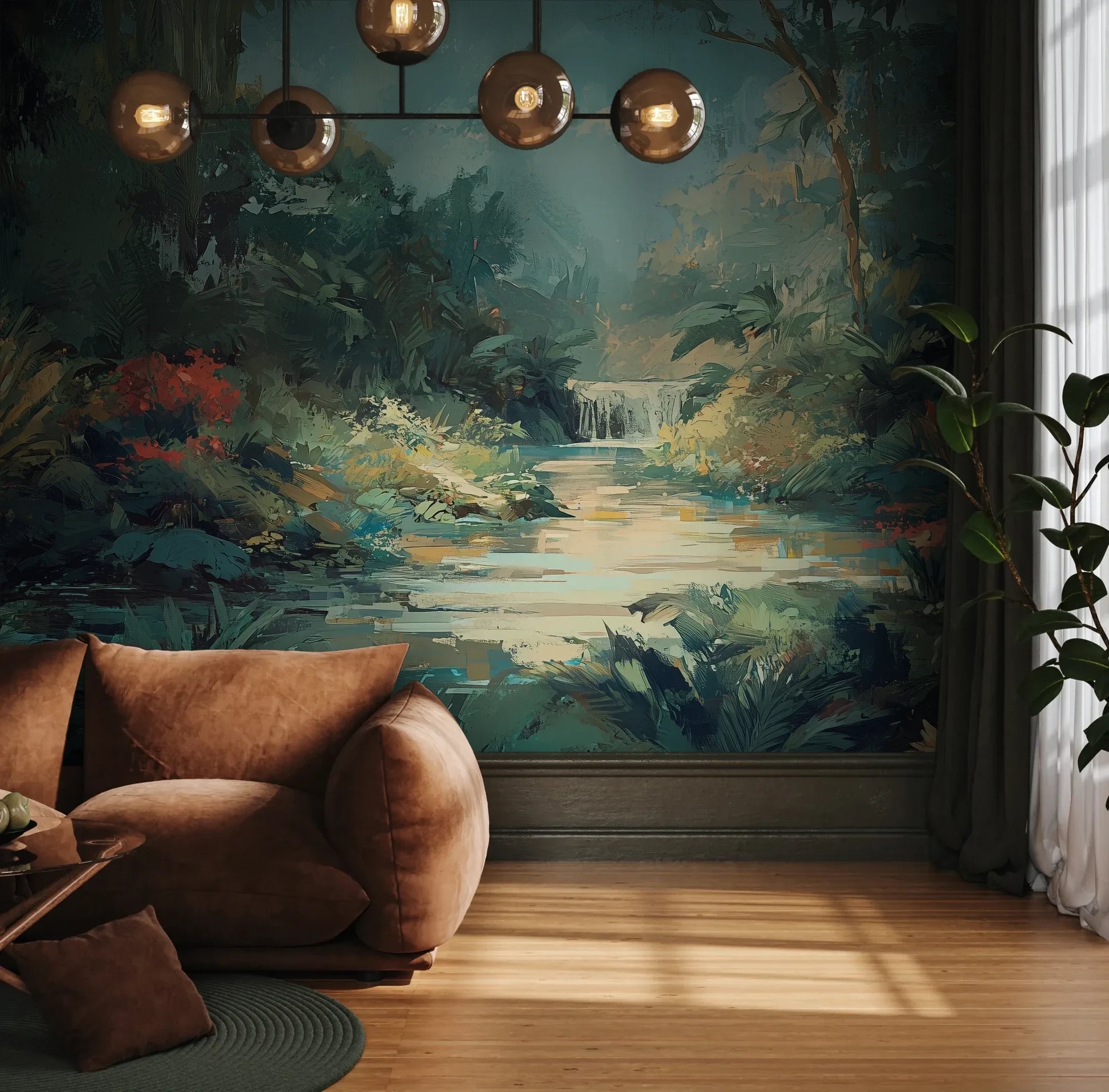 Fototapeta TRANQUIL OASIS - tapeta z magicznym tropikalnym wodospadem pokazana w aranżacji wnętrza z akcentem na ścianie.