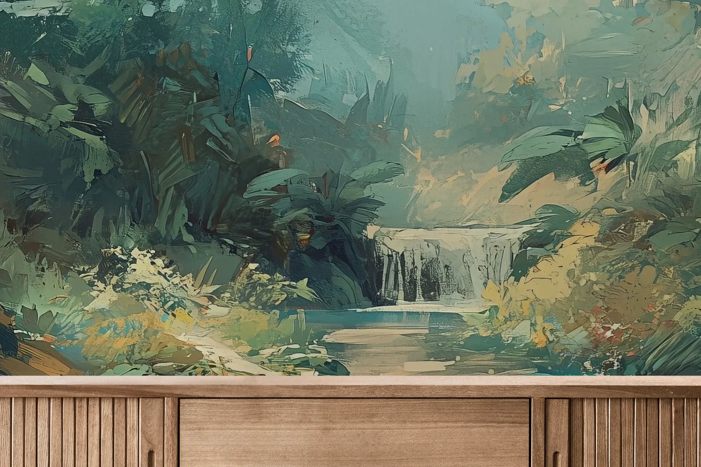 Fototapeta TRANQUIL OASIS - tapeta z magicznym tropikalnym wodospadem pokazana w aranżacji wnętrza z akcentem na ścianie.