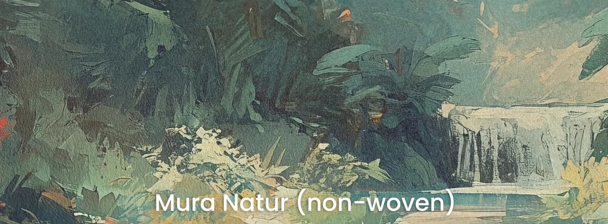 Zbliżenie na fototapetę TRANQUIL OASIS - tapeta z magicznym tropikalnym wodospadem na naturalnym podłożu ekologicznym.