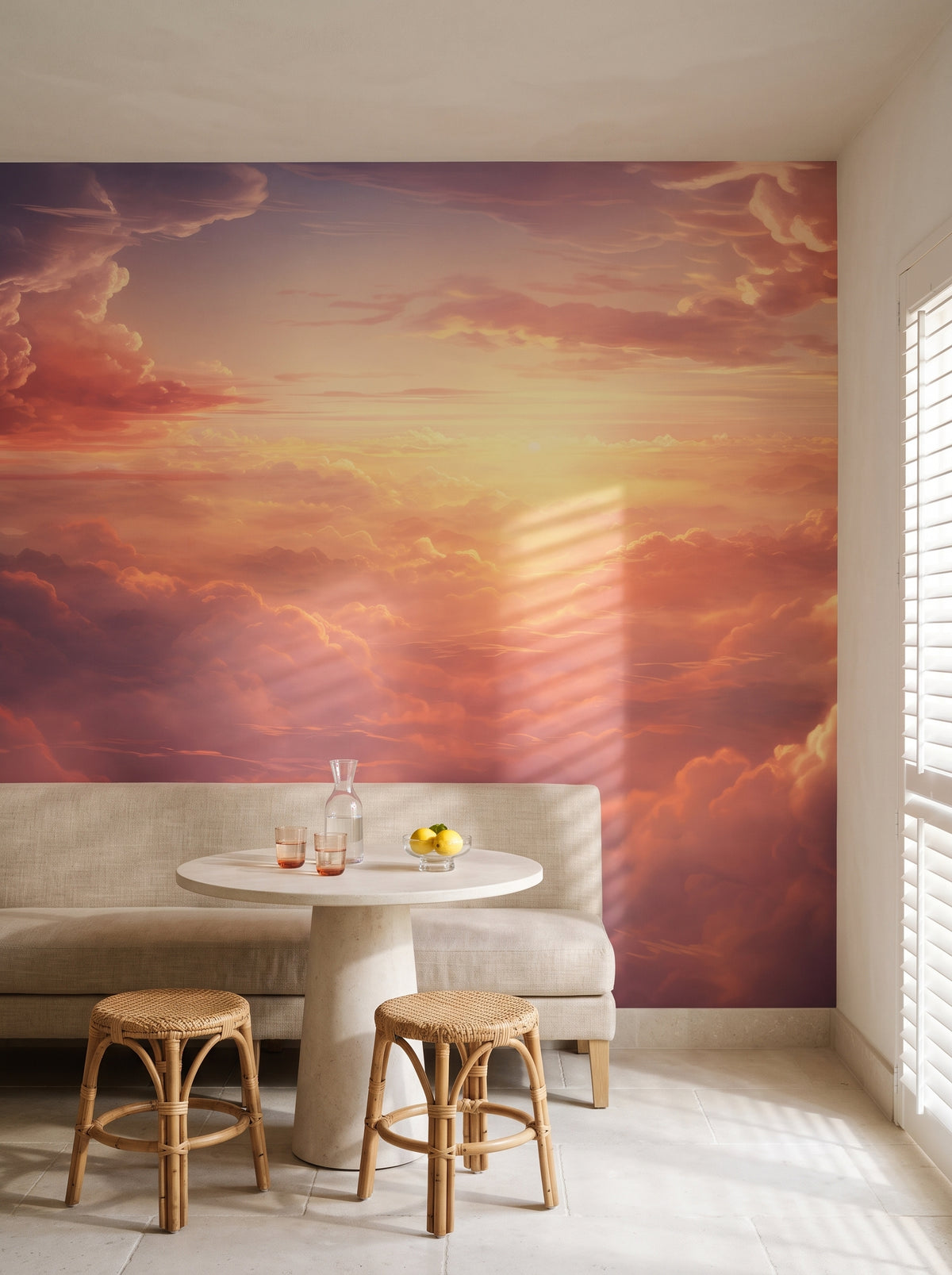 Fototapeta artystyczna o nazwie Sunset Symphony w aranżacji wnętrza: kącik śniadaniowy w willi na Riwierze Francuskiej.