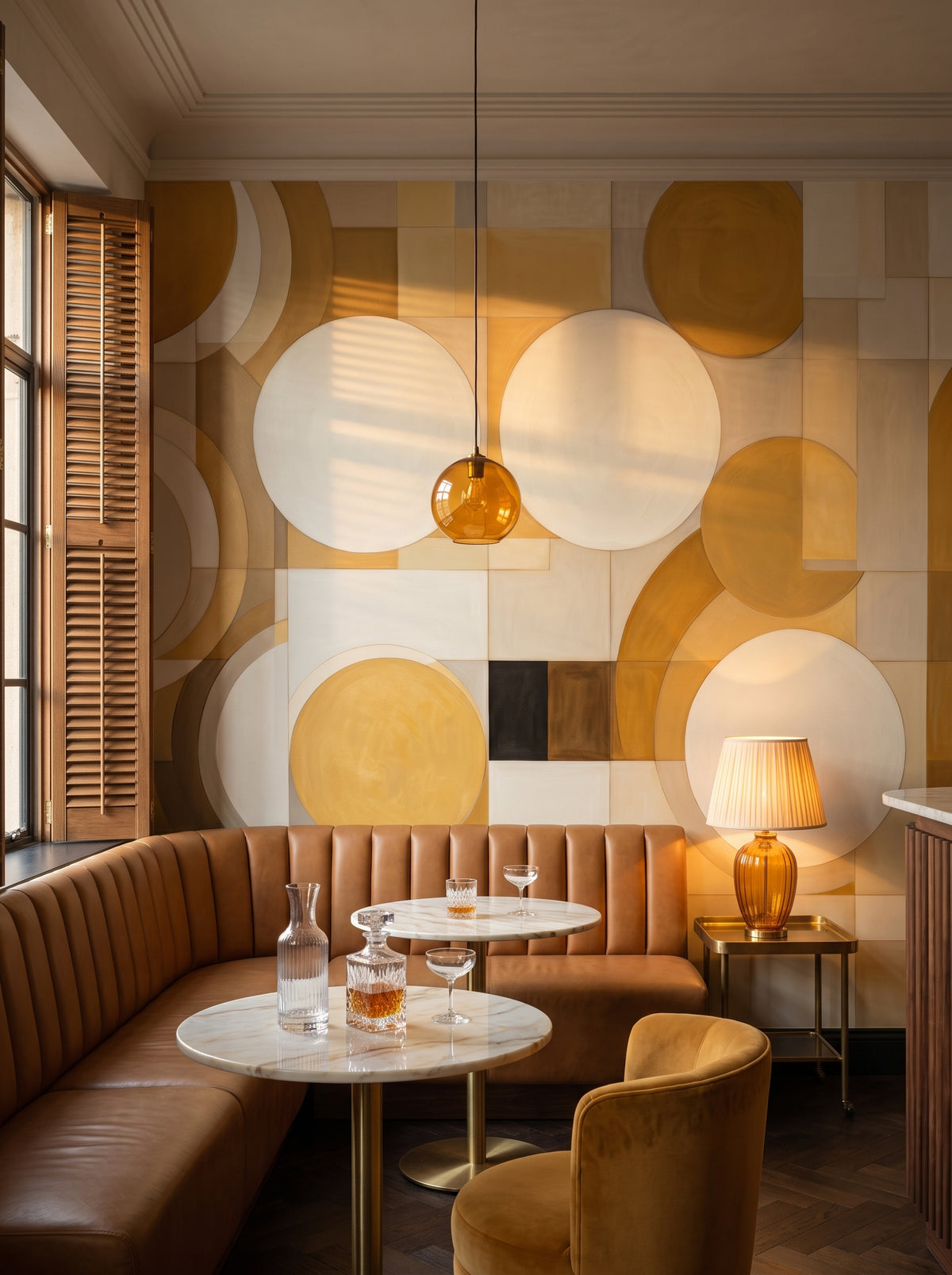 Fototapeta artystyczna o nazwie GEOMETRIC SOLAR FLARES w aranżacji wnętrza: bar-lounge w butikowym hotelu.
