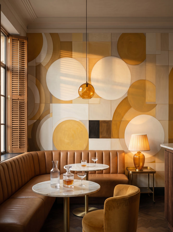 Fototapeta artystyczna o nazwie GEOMETRIC SOLAR FLARES w aranżacji wnętrza: bar-lounge w butikowym hotelu.