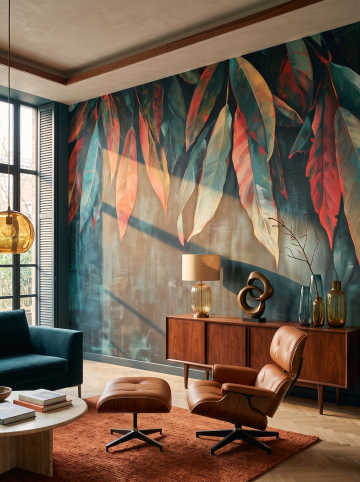 Fototapeta artystyczna o nazwie Dark Elegance w aranżacji wnętrza: salon kolekcjonera w stylu mid-century modern.