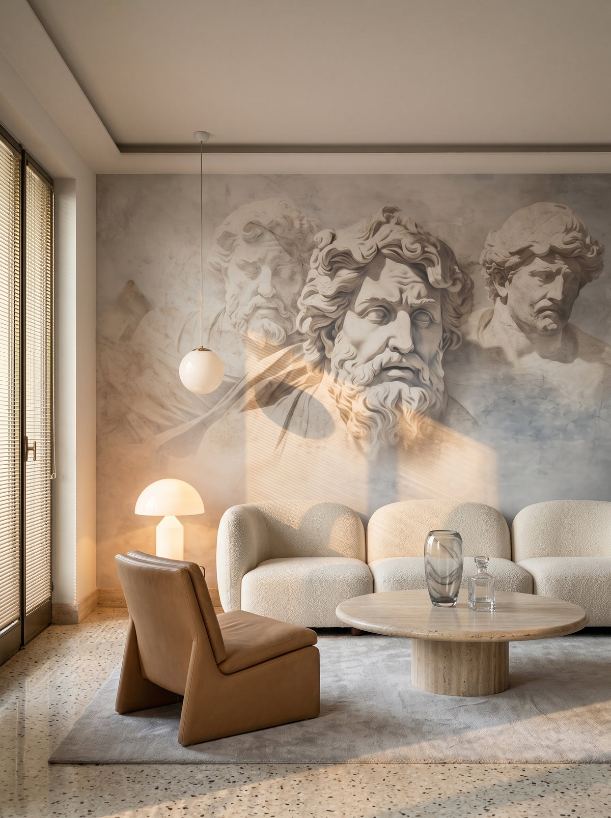 Fototapeta artystyczna o nazwie Meditation of Heraclitus w aranżacji wnętrza: salon w mediolańskim apartamencie z lat 70..