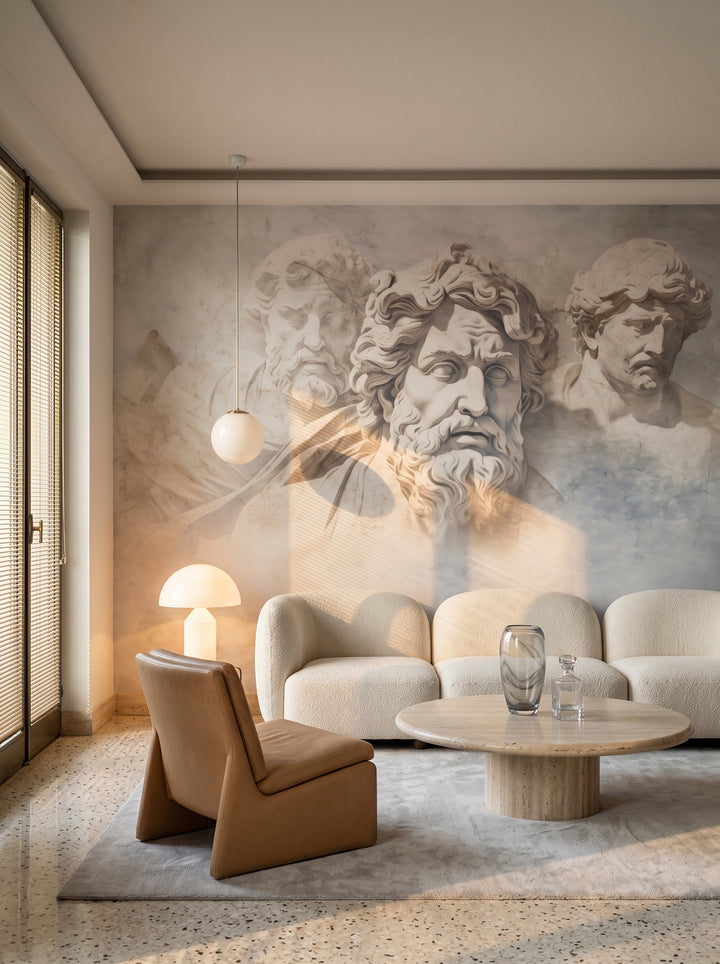 Fototapeta artystyczna o nazwie Meditation of Heraclitus w aranżacji wnętrza: salon w mediolańskim apartamencie z lat 70..