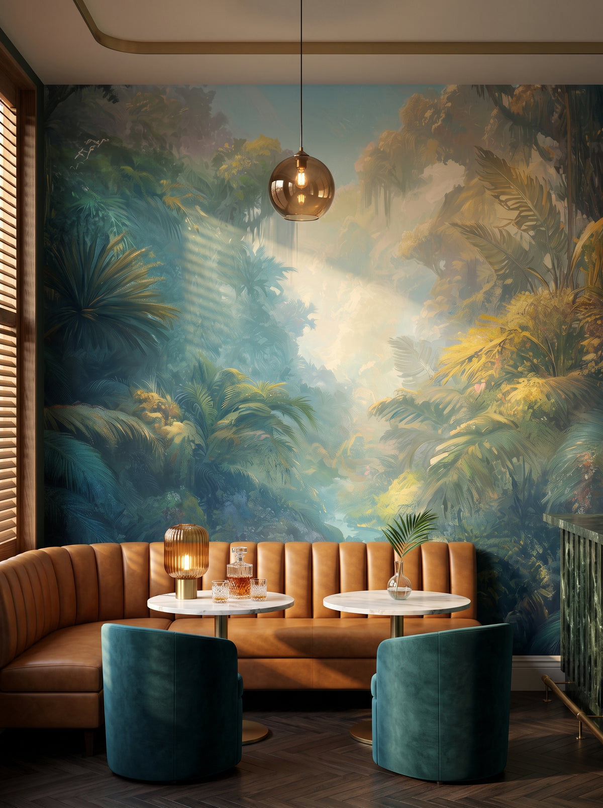 Fototapeta artystyczna o nazwie ETHEREAL MIST w aranżacji wnętrza: bar lounge w butikowym hotelu.
