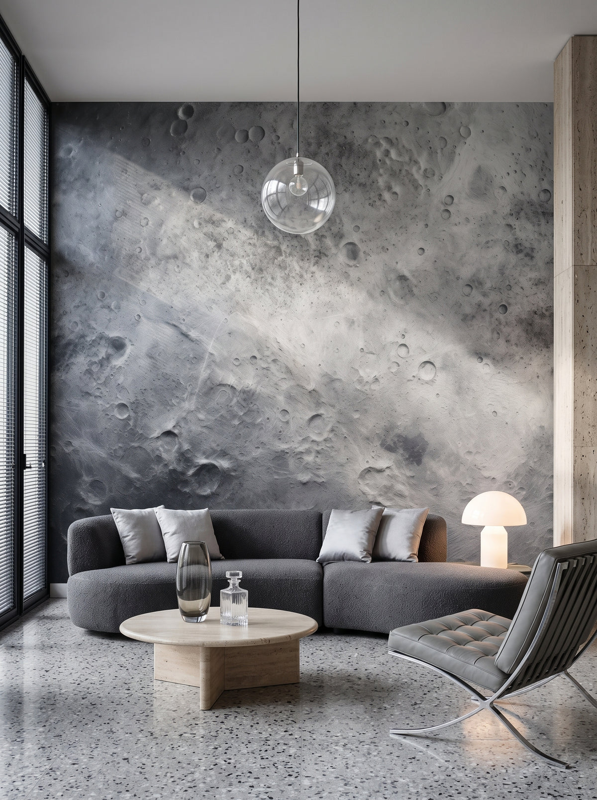 Fototapeta artystyczna o nazwie Lunar Craters w aranżacji wnętrza: salon w mediolańskim apartamencie z lat 70..