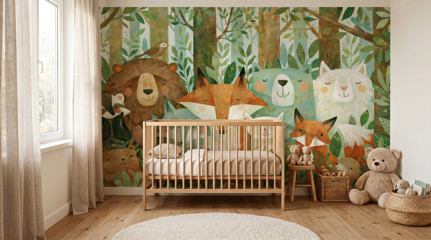 SLEEPY THICKET - tapeta z leśnymi zwierzętami dla dzieci — KIDS room - baby cot
