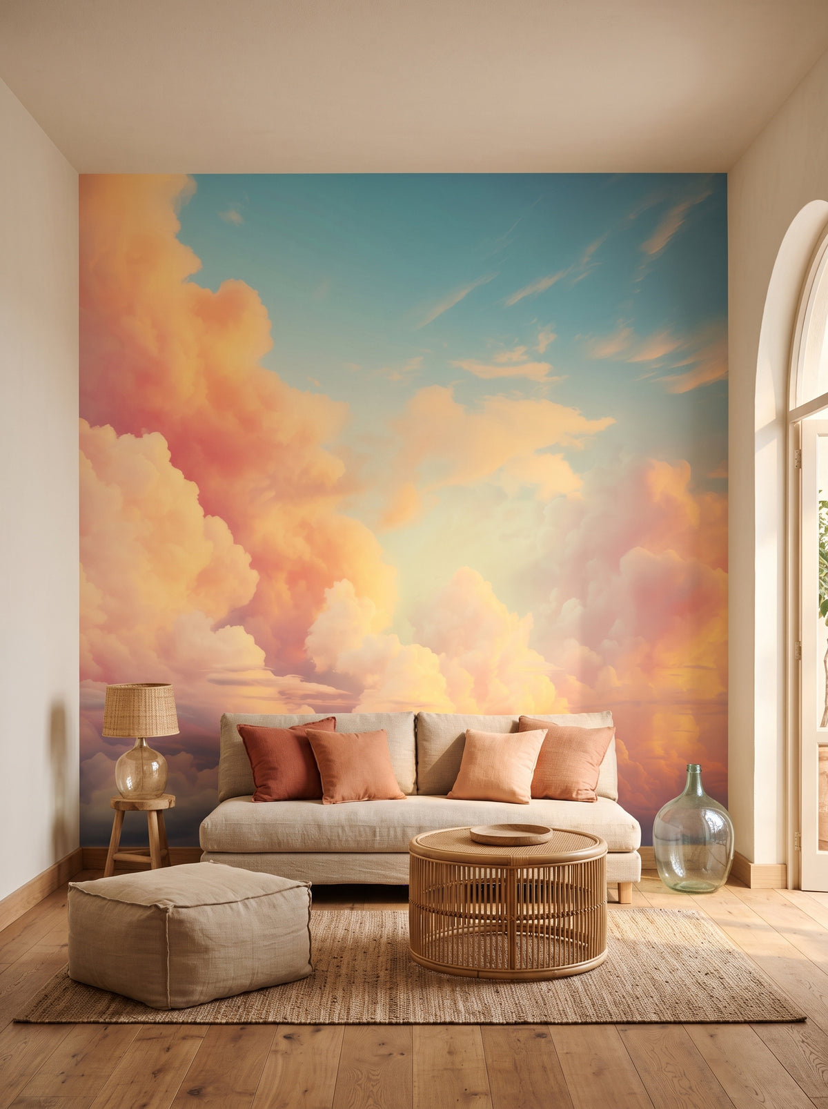 Fototapeta artystyczna o nazwie Cotton Clouds w aranżacji wnętrza: salon w stylu rafinowanego boho.