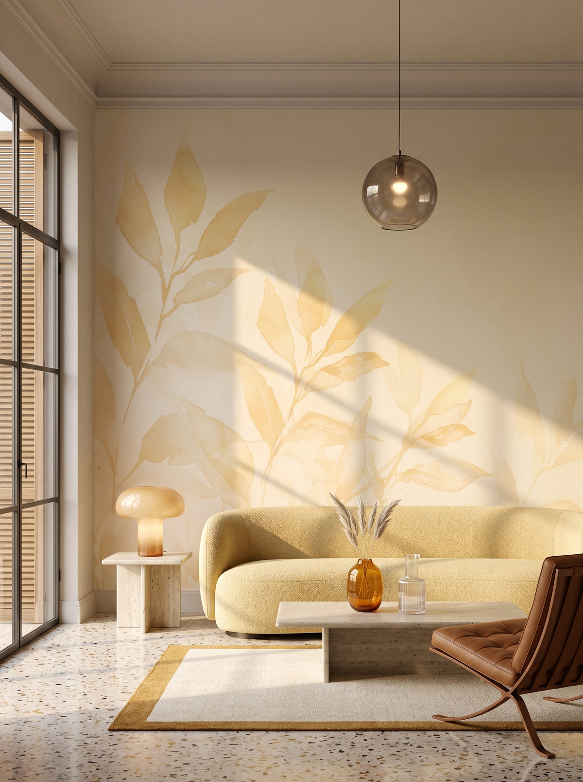 Fototapeta artystyczna o nazwie Golden Tranquility w aranżacji wnętrza: salon w mediolańskim apartamencie z lat 70..