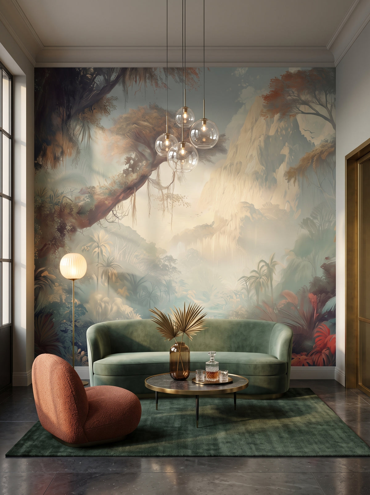 Fototapeta artystyczna o nazwie TWILIGHT SANCTUARY w aranżacji wnętrza: lounge w lobby butikowego hotelu.