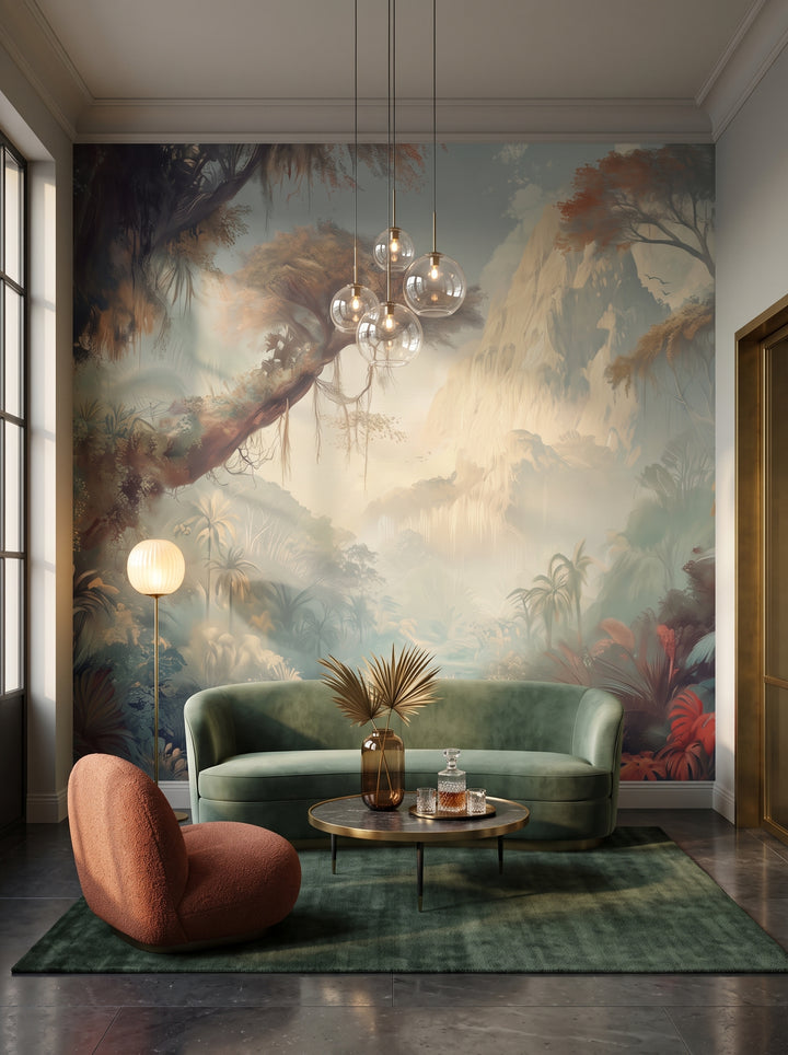 Fototapeta artystyczna o nazwie TWILIGHT SANCTUARY w aranżacji wnętrza: lounge w lobby butikowego hotelu.