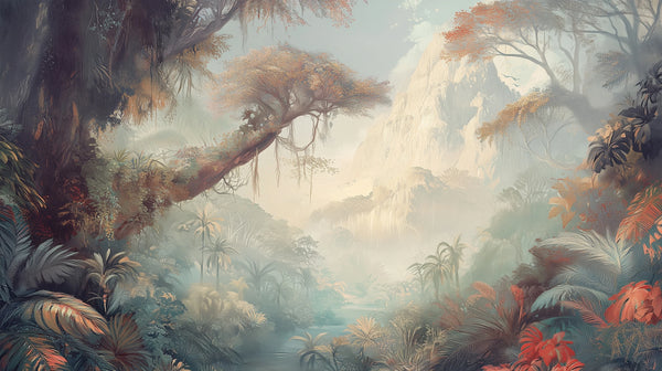 SANCTUAIRE DU CRÉPUSCULE - un papier peint avec une jungle mystique au coucher du soleil