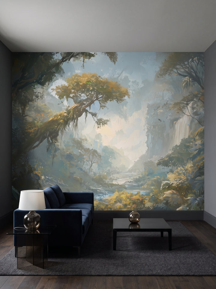 Fototapeta artystyczna o nazwie RAINFOREST DAWN w aranżacji wnętrza: ciemny salonik w hotelu designerskim.