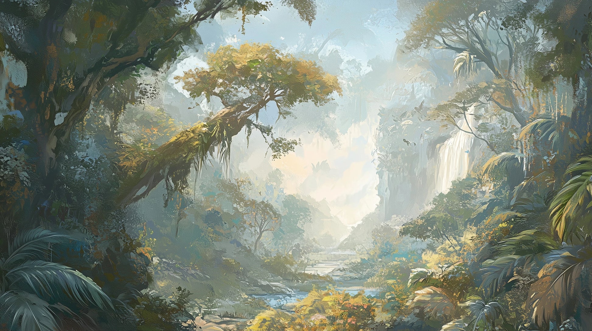 Prezentacja całego wzoru fototapety o nazwie RAINFOREST DAWN - tapeta z tropikalnym krajobrazem w porannej mgle
