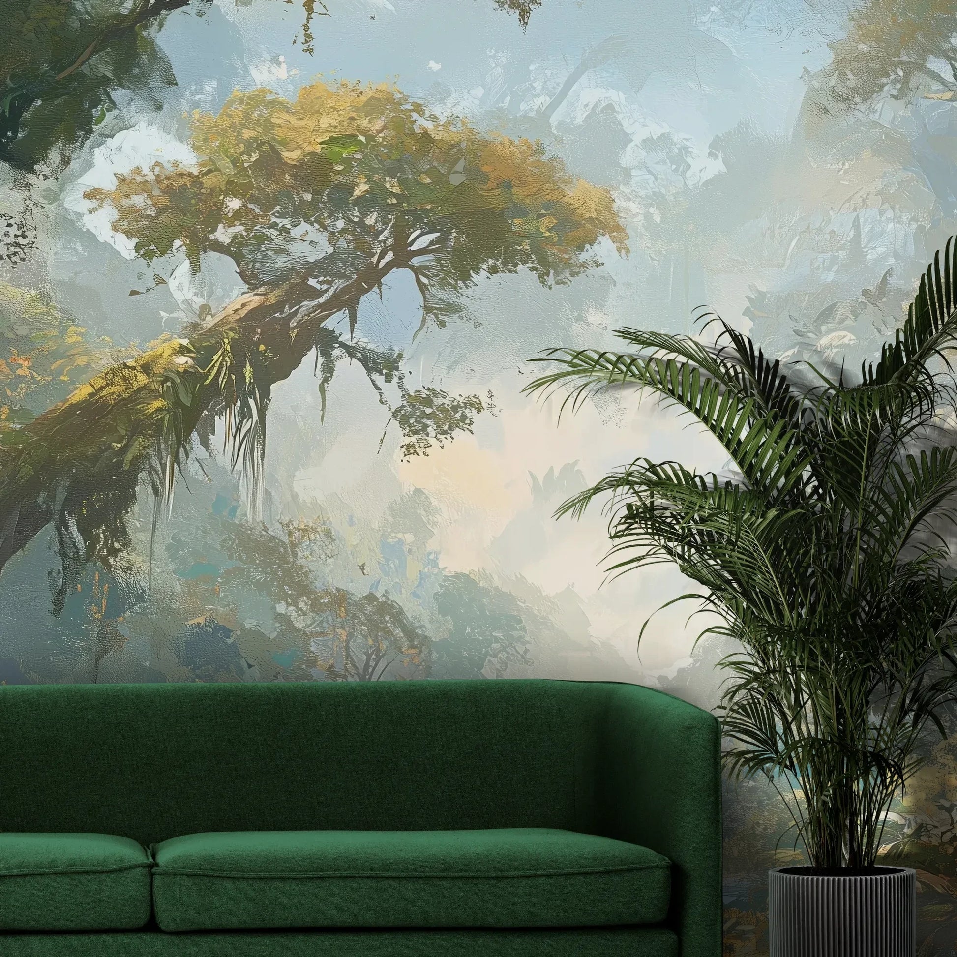 Fototapeta RAINFOREST DAWN - tapeta z tropikalnym krajobrazem w porannej mgle pokazana w aranżacji wnętrza z akcentem na ścianie.