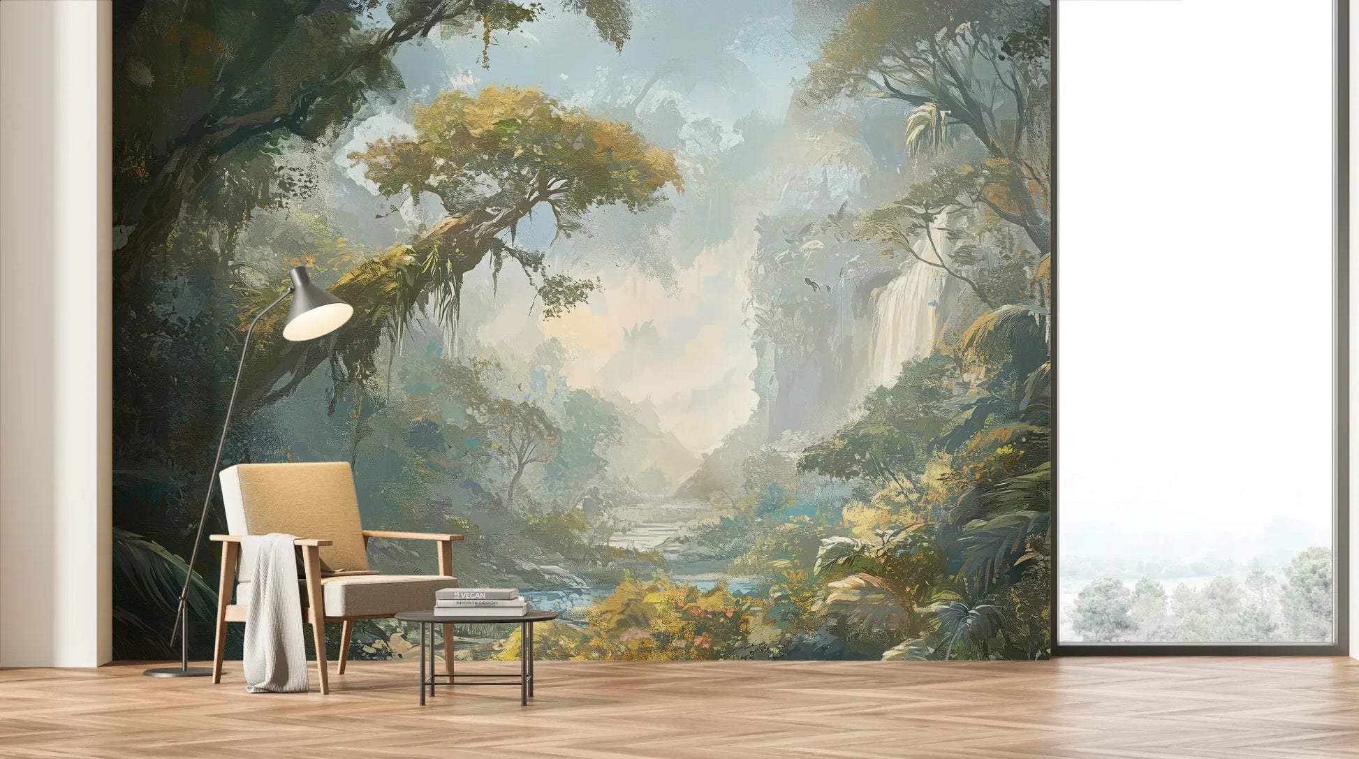 Wzór fototapety RAINFOREST DAWN - tapeta z tropikalnym krajobrazem w porannej mgle pokazanej w aranżacji salonu.