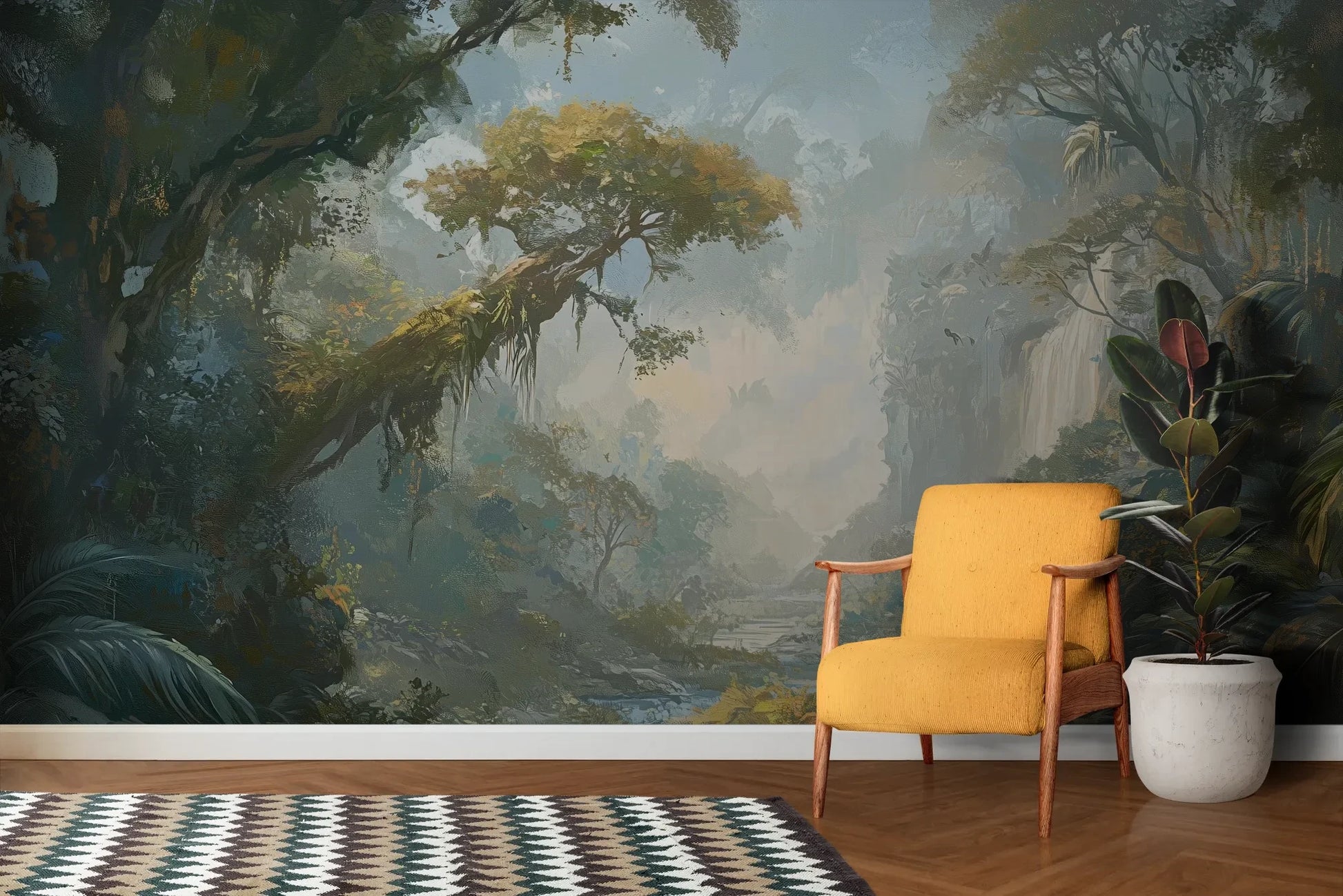 Wzór fototapety RAINFOREST DAWN - tapeta z tropikalnym krajobrazem w porannej mgle pokazanej w aranżacji salonu.
