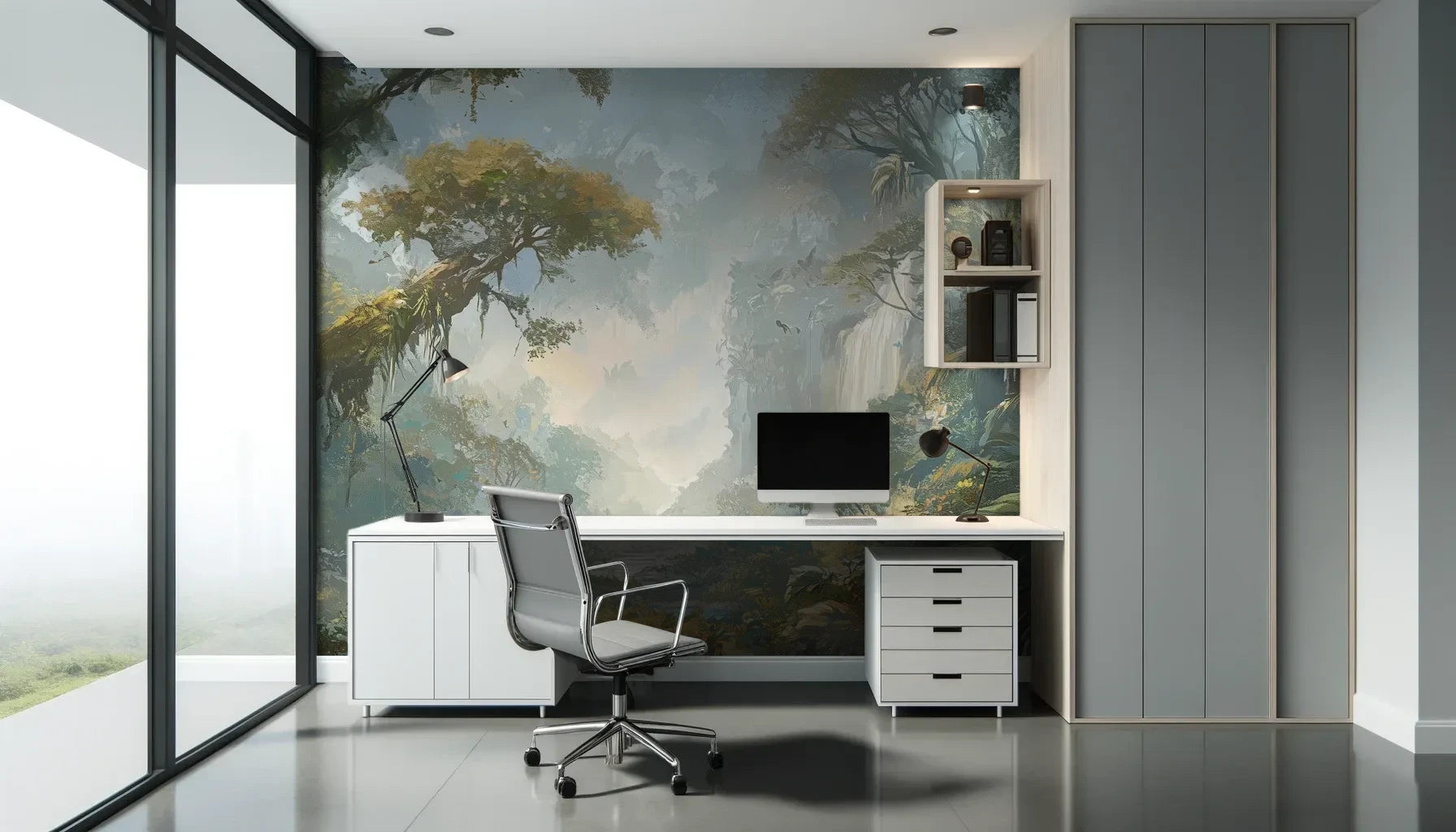 Fototapeta RAINFOREST DAWN - tapeta z tropikalnym krajobrazem w porannej mgle pokazana w aranżacji biura.