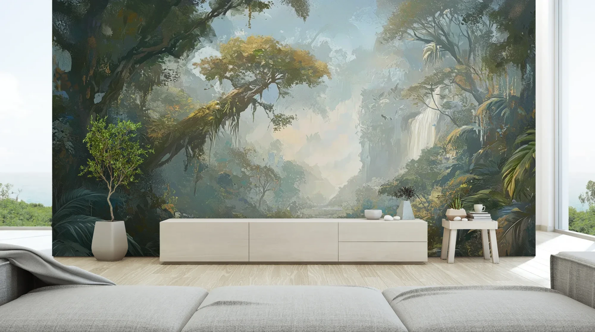 Wzór fototapety RAINFOREST DAWN - tapeta z tropikalnym krajobrazem w porannej mgle pokazanej w aranżacji salonu.