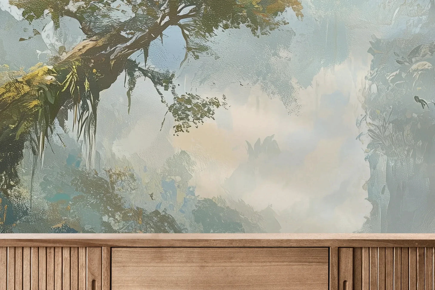 Fototapeta RAINFOREST DAWN - tapeta z tropikalnym krajobrazem w porannej mgle pokazana w aranżacji wnętrza z akcentem na ścianie.